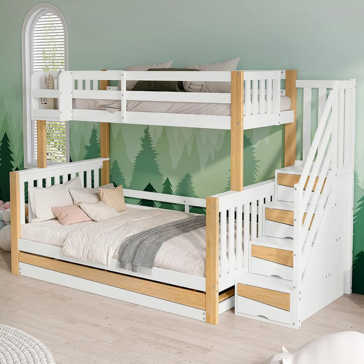 Lit superposé et lit mezzanine — pour enfant, en bois, avec escalier, avec barrière anti-chute, 120 × 200 cm