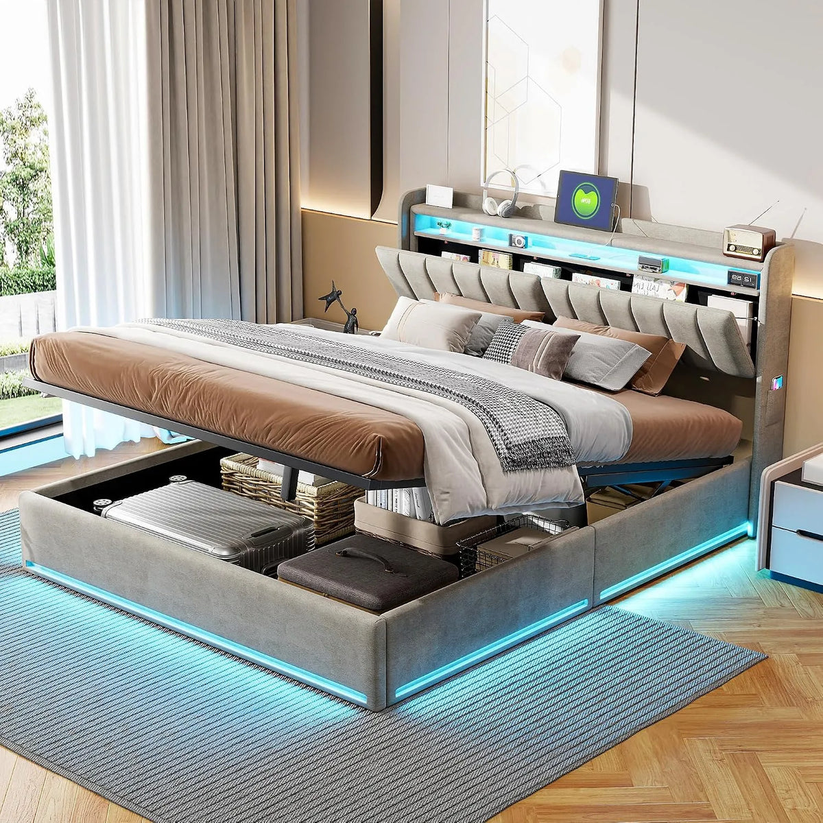 Lit Coffre 160x200 — avec rangement, avec port USB, affichage LED, 160 × 200, gris, revêtement en velours, revêtement en tissu