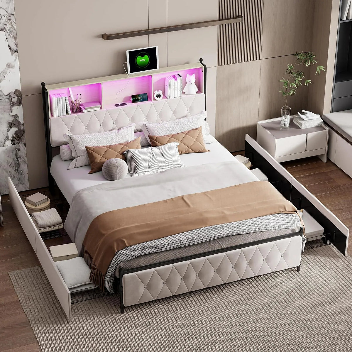 Lit Adulte 140 x 200 avec Tiroirs: avec rangement, avec port USB, affichage LED, 2 Places, 140 × 200, revêtement en tissu