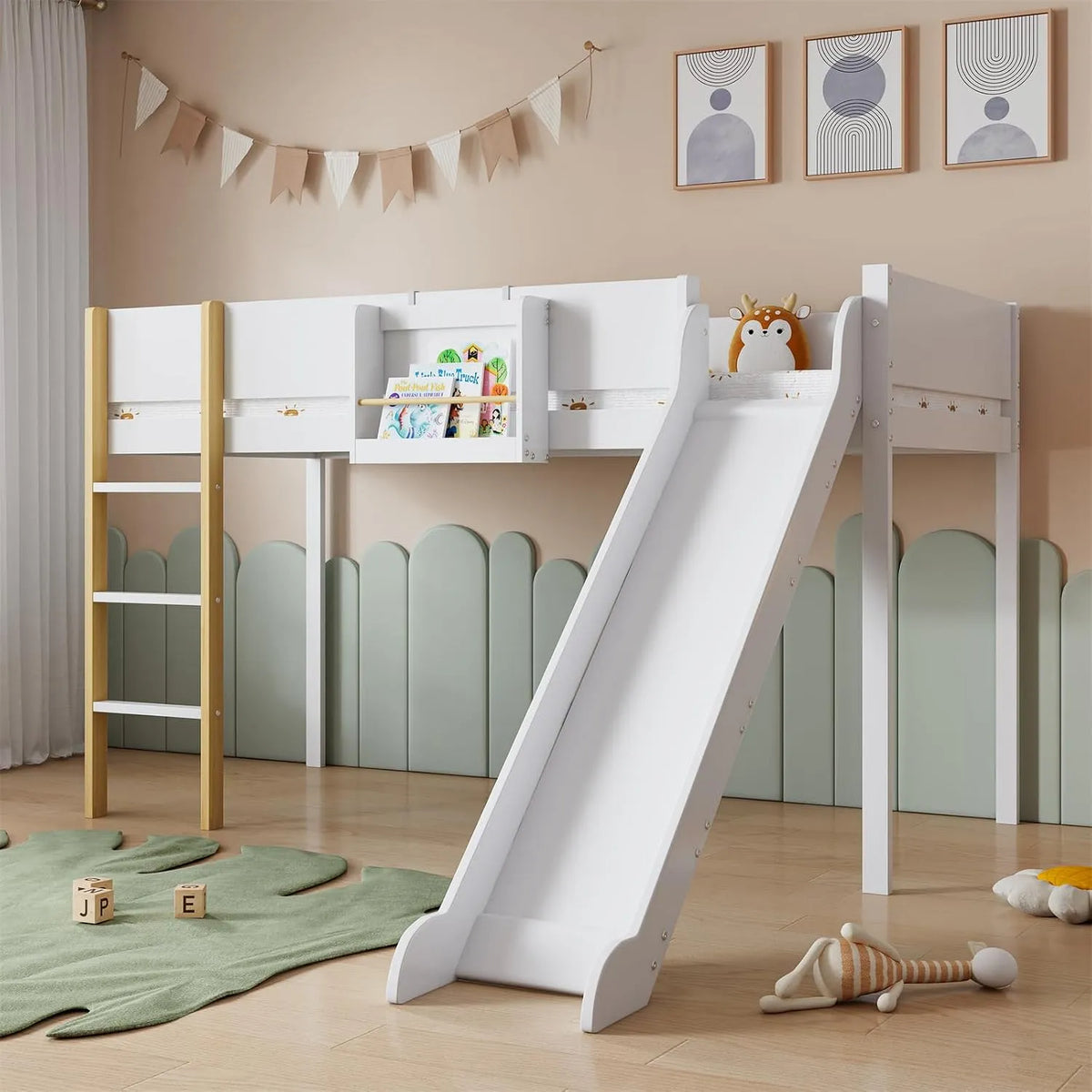 Lit mezzanine 90 x 200 cm avec échelle droite à – MDF, angle droit, avec toboggan, 3 niveau ×, 90 × 200 cm, blanc