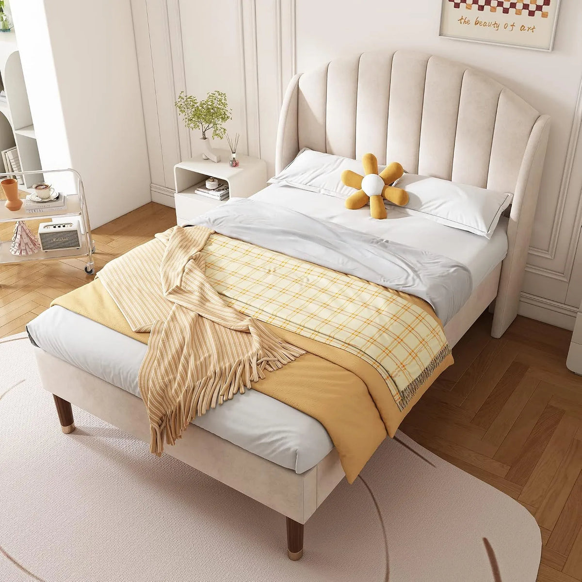 Lit Capitonné 90x200 cm — pour enfant, à motifs, en bois, 90 × 200 cm, beige, revêtement en velours, revêtement en tissu