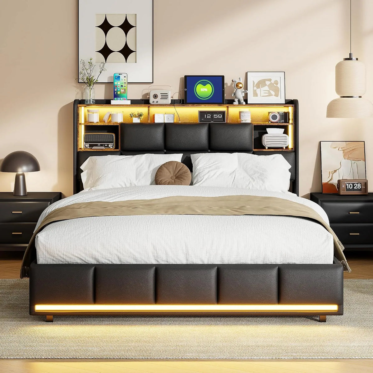Lit Coffre 140x190 – avec rangement, avec port USB, affichage LED, 140 × 190, 160 × 200 cm, 140 × 190 cm, noir