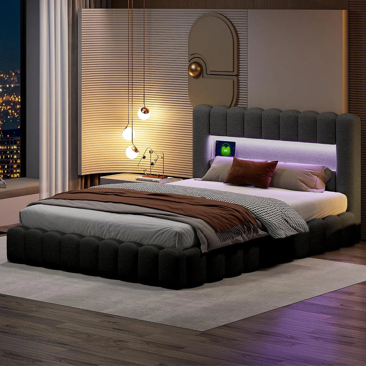 Lit Coffre 180x200 cm: avec rangement, avec port USB, affichage LED, 180 × 200 cm, gris