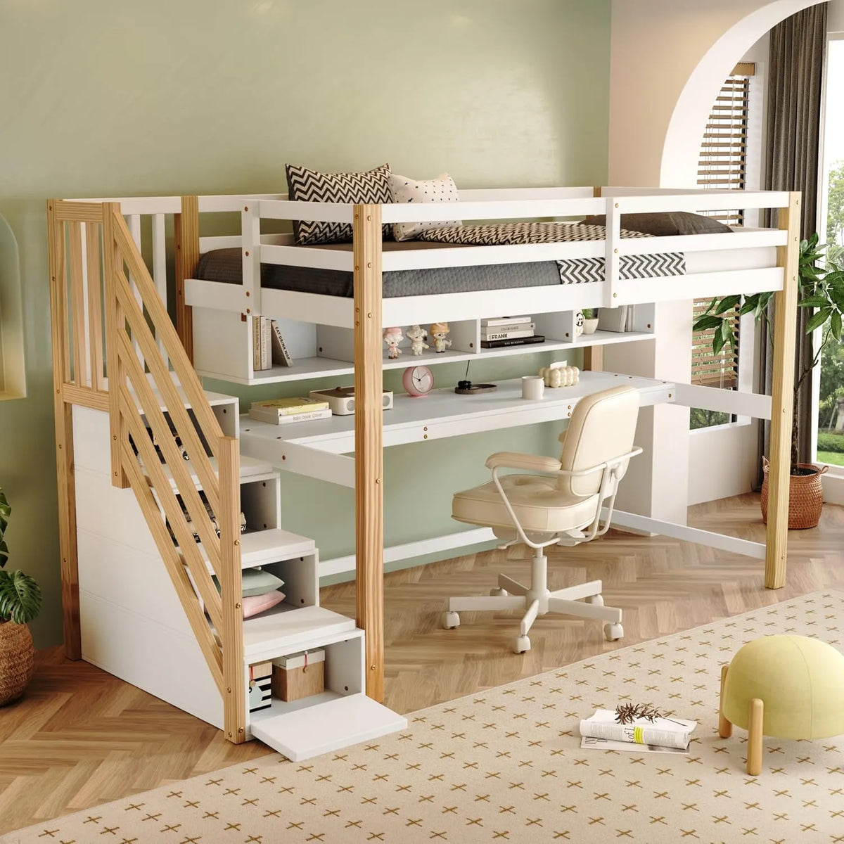Lit superposé et lit mezzanine — pour enfant, en bois, avec rangement, avec étagères, 90 × 200 cm