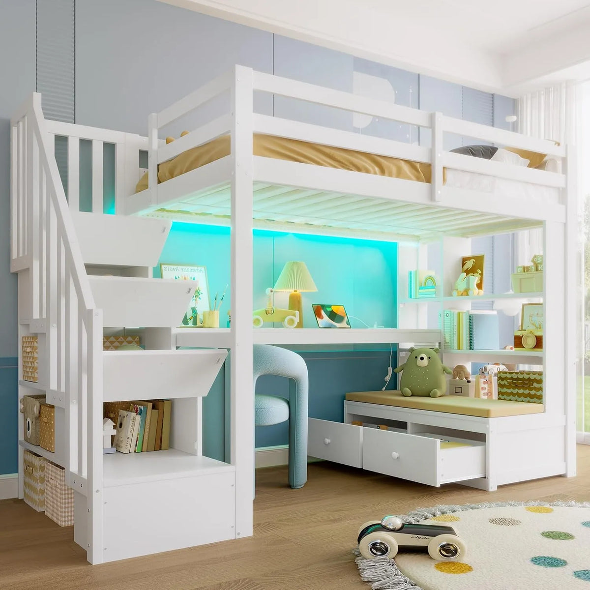Lit superposé et lit mezzanine: pour enfant, avec rangement, avec tiroirs, avec escalier, 2 tiroirs, 90 × 200cm, blanc, avec éclairage LED