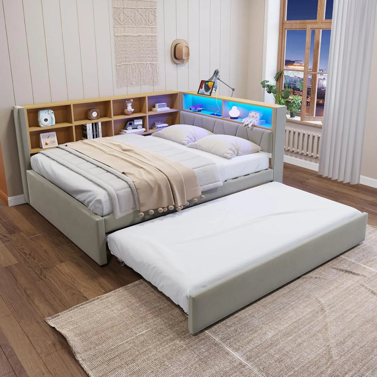 Canapé convertible et canapé-lit — avec rangement, convertible, affichage LED, 140 × 200 cm, 90 × 190 cm, gris, revêtement en tissu