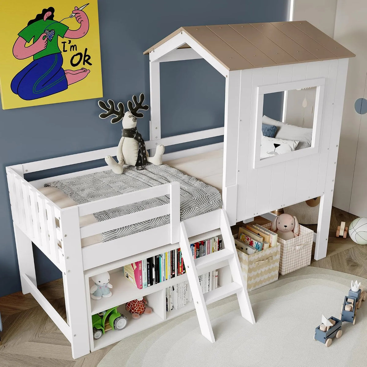 Lit Mezzanine Enfant — MDF, pour enfant, avec escalier, 90 × 200, blanc
