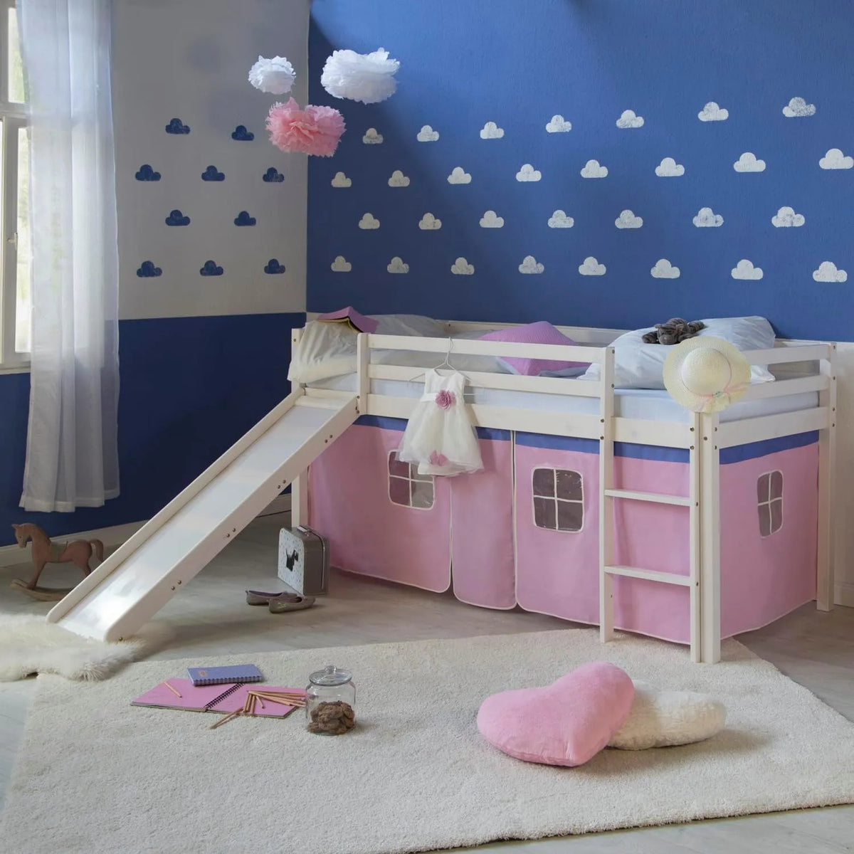 Homestyle4u 2552 Lit mezzanine — pour enfant, en bois, avec toboggan, avec échelle, 90 × 200 cm, blanc