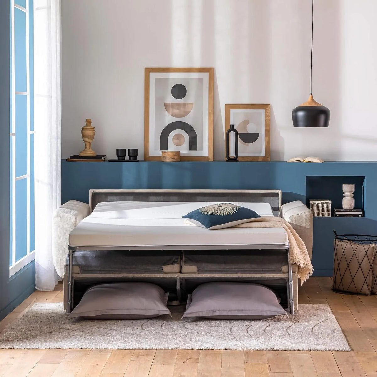 Canapé convertible et canapé-lit — rembourrage en mousse, convertible, 135 × 185, blanc, revêtement en tissu