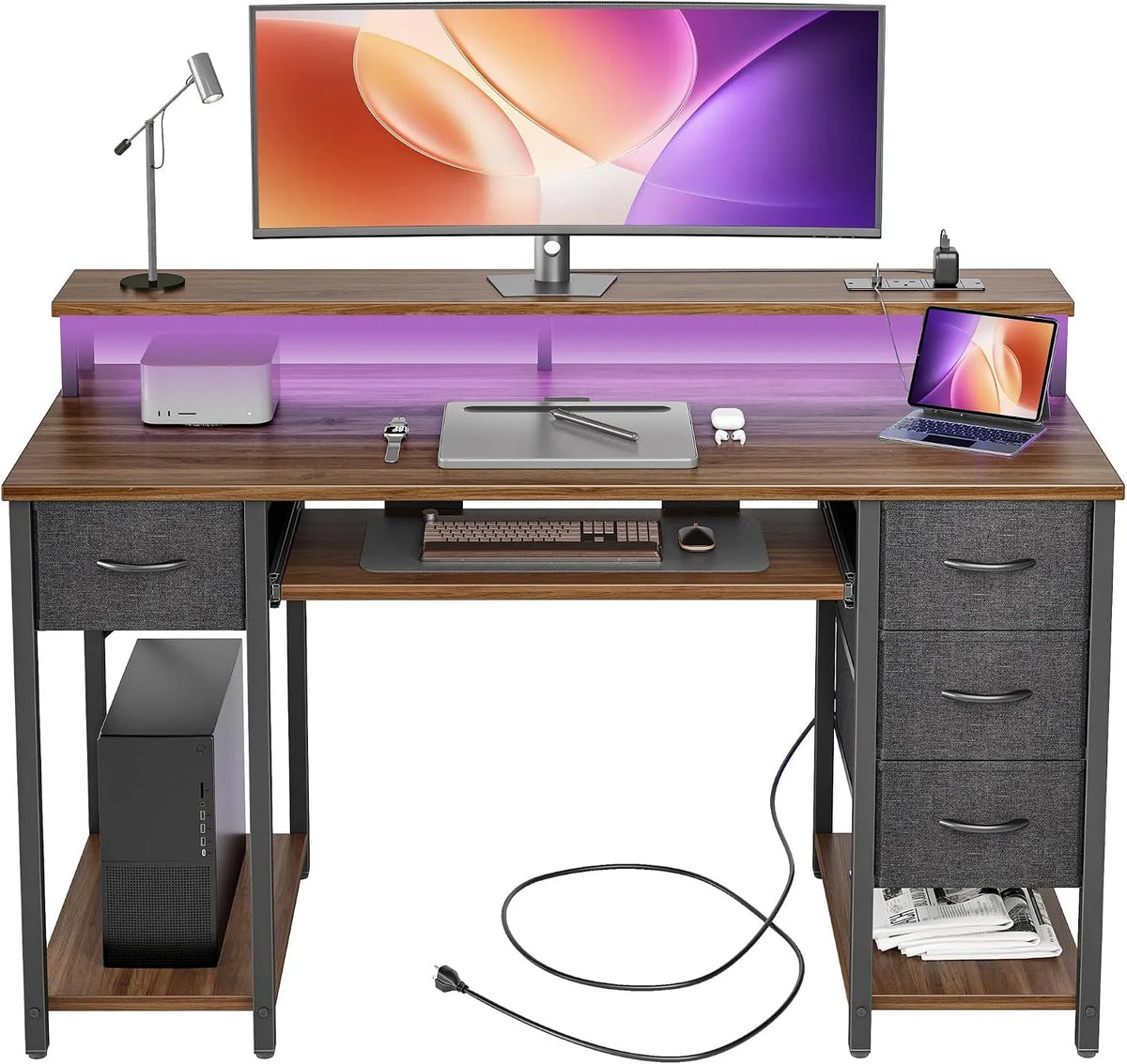 Bureau et table informatique — réversible, avec rangement, avec tiroirs, pour gaming, 4 Tiroirs, 120 × 50cm, avec éclairage LED