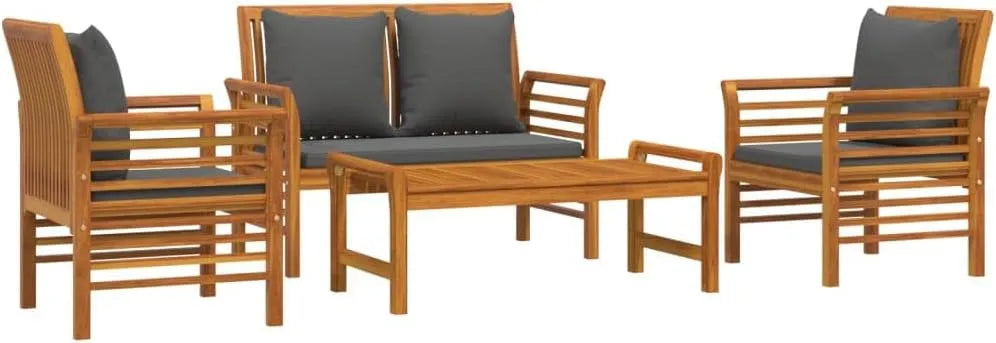 Salon de jardin et ensemble lounge: en bois, avec coussins, 4 pièces, en bois massif