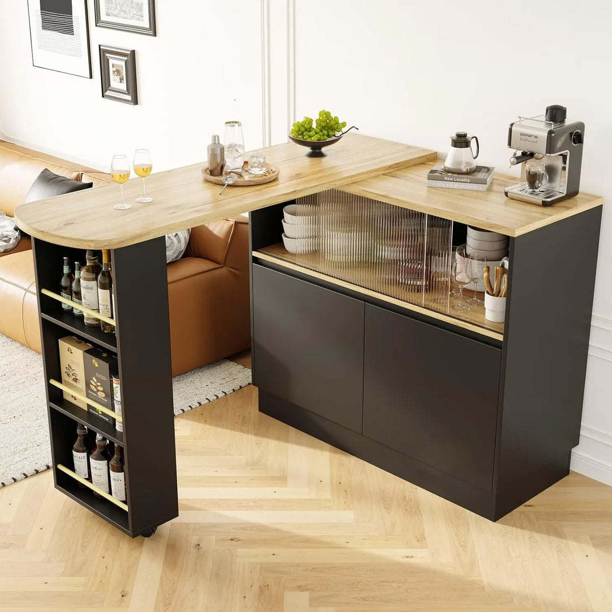 Table de Bar Extensible avec Espace de Rangement – en verre, avec rangement, pivotant, 2 Portes, 120 × 45 × 103cm, noir