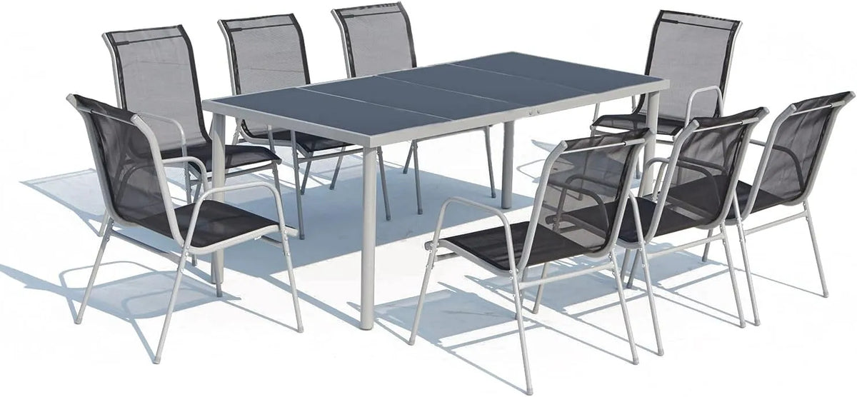 Salon de jardin et ensemble lounge — en verre, en acier, gris