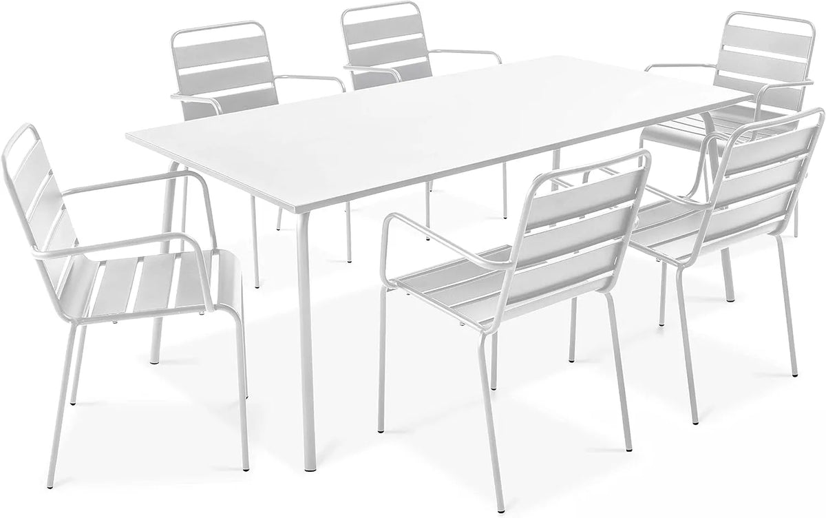 Oviala Ensemble Table de jardin et table de terrasse et 6 fauteuils en métal – Palavas, blanc