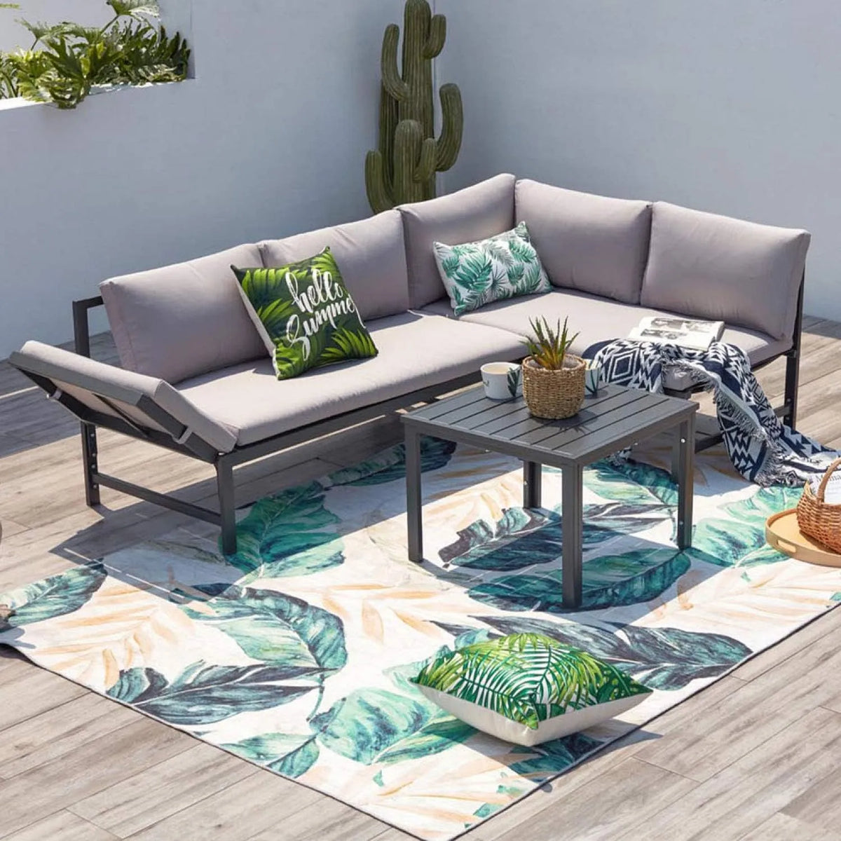Salon de jardin et ensemble lounge: en métal, en polyester, réglable, résistant à l'eau, 4 Places, gris, inclinable