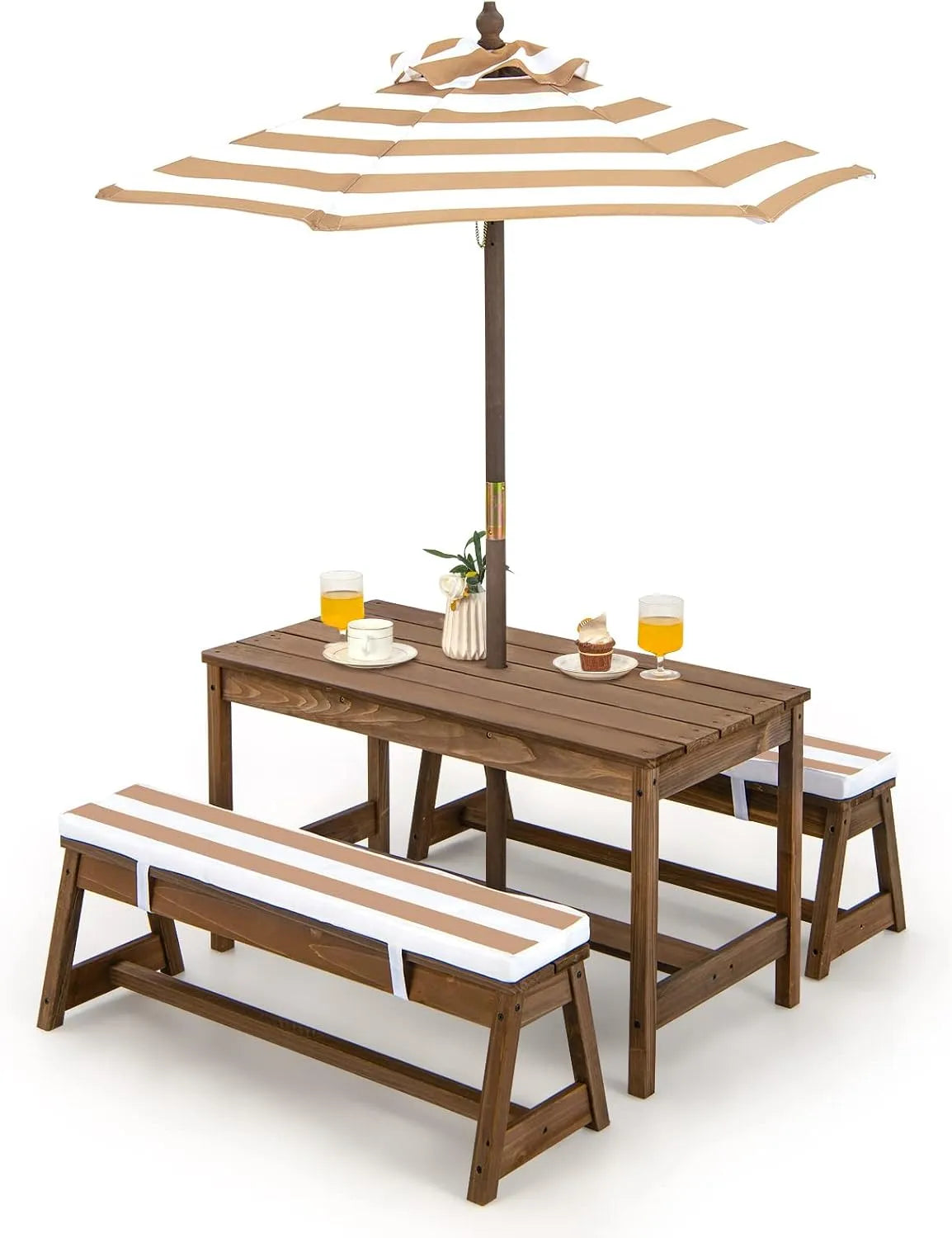 COSTWAY Salon de jardin et ensemble lounge: pour enfant, en bois, avec coussins, réglable, 89 × 44 × 50 cm, marron