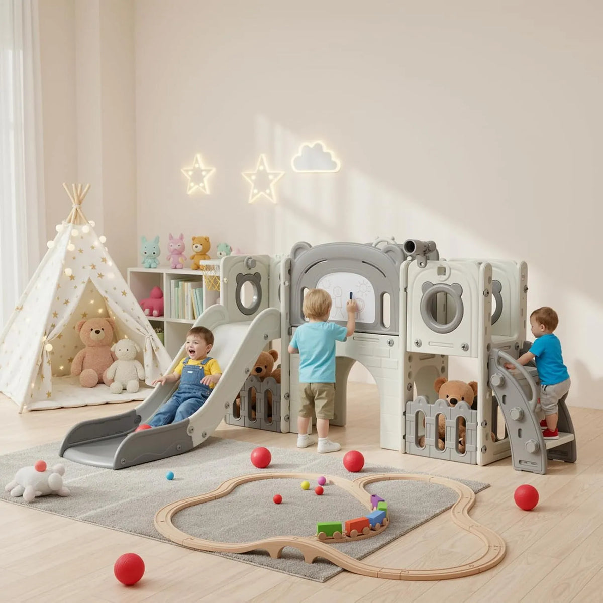 10 en 1 Toboggan pour Tout-Petits — pour enfant, avec toboggan, 4 pièces, gris