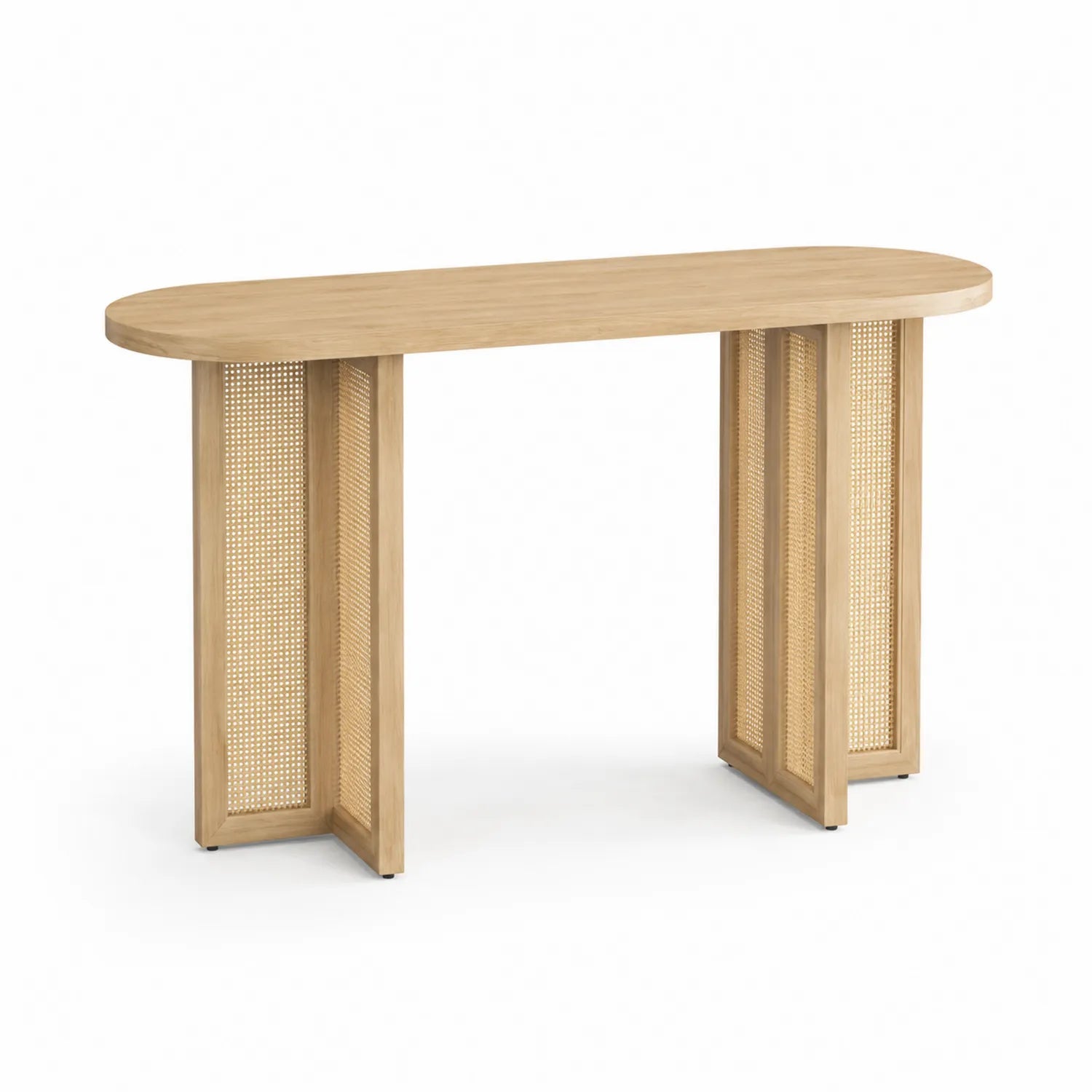 Table console ovale en chêne et rotin 120x40x80 cm
