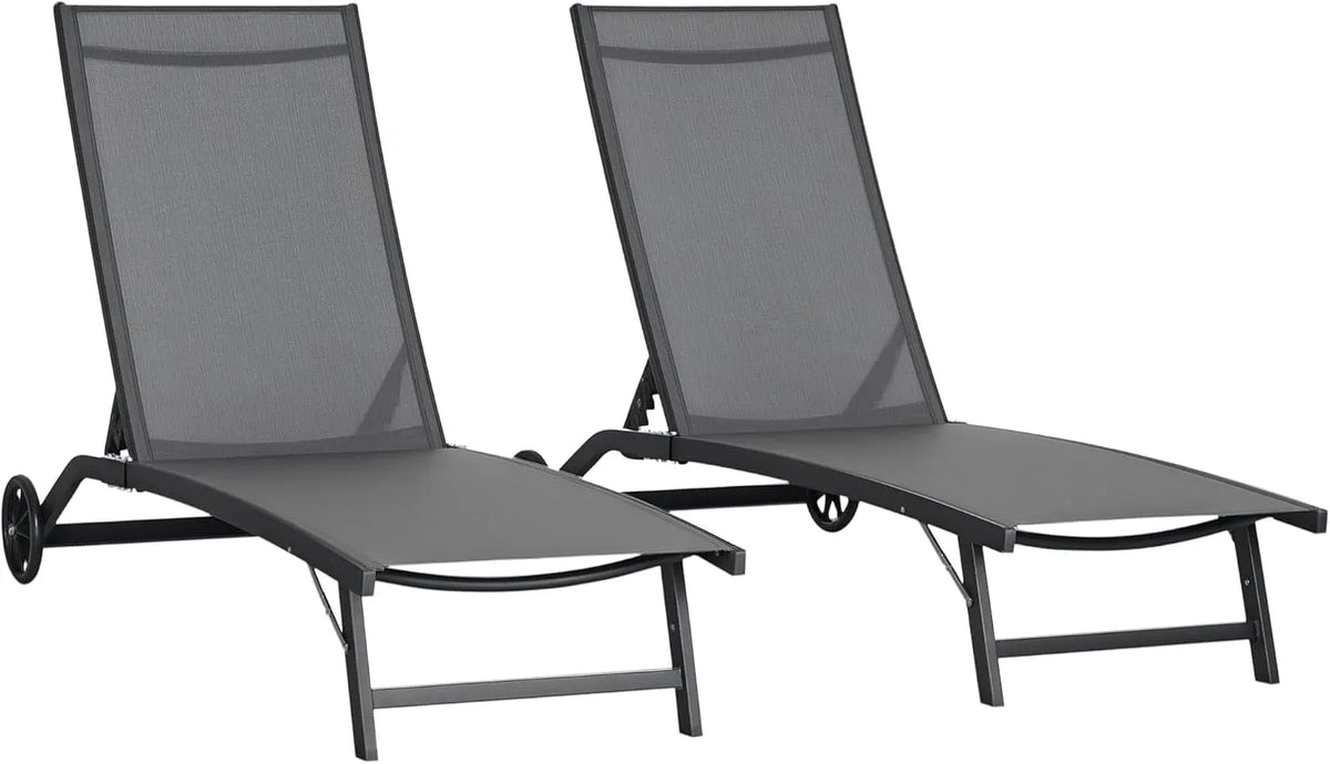 Outsunny Chaise: avec dossier, réglable, en aluminium, avec roulettes, Lot de 2, 150 Kg, gris, inclinable