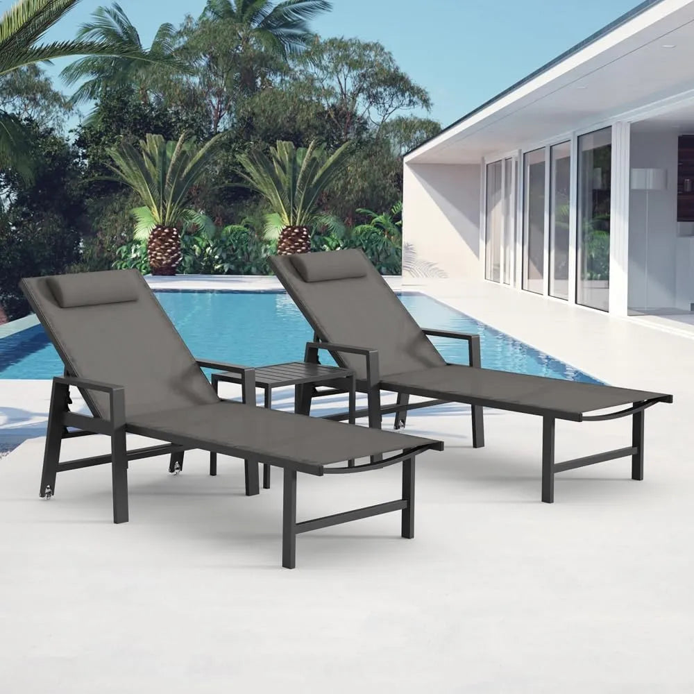 Chaise: avec dossier, réglable, en aluminium, avec roulettes, Lot de 2, 200 kg, résistant aux intempéries