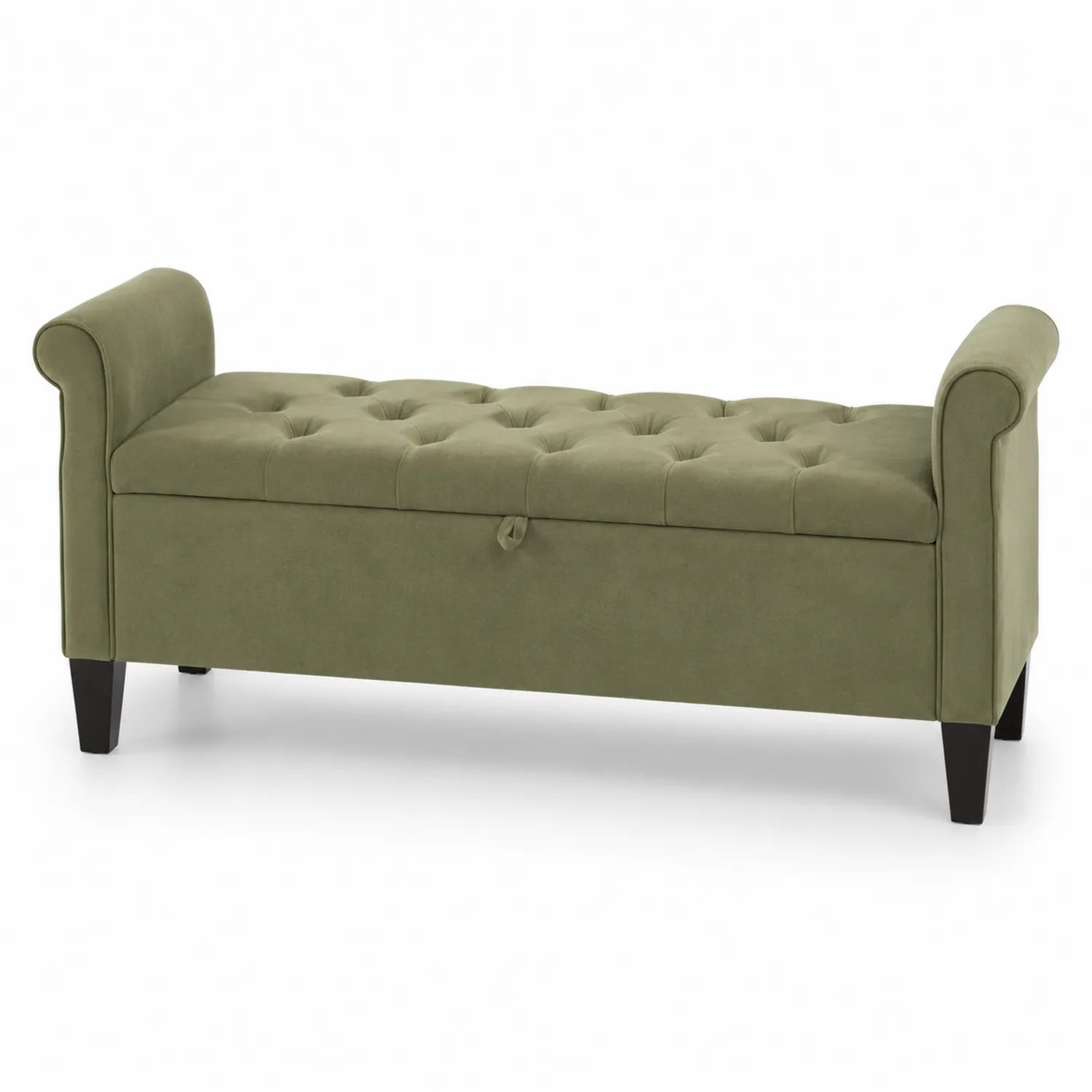 Banc en bois et velours vert olive avec rangement