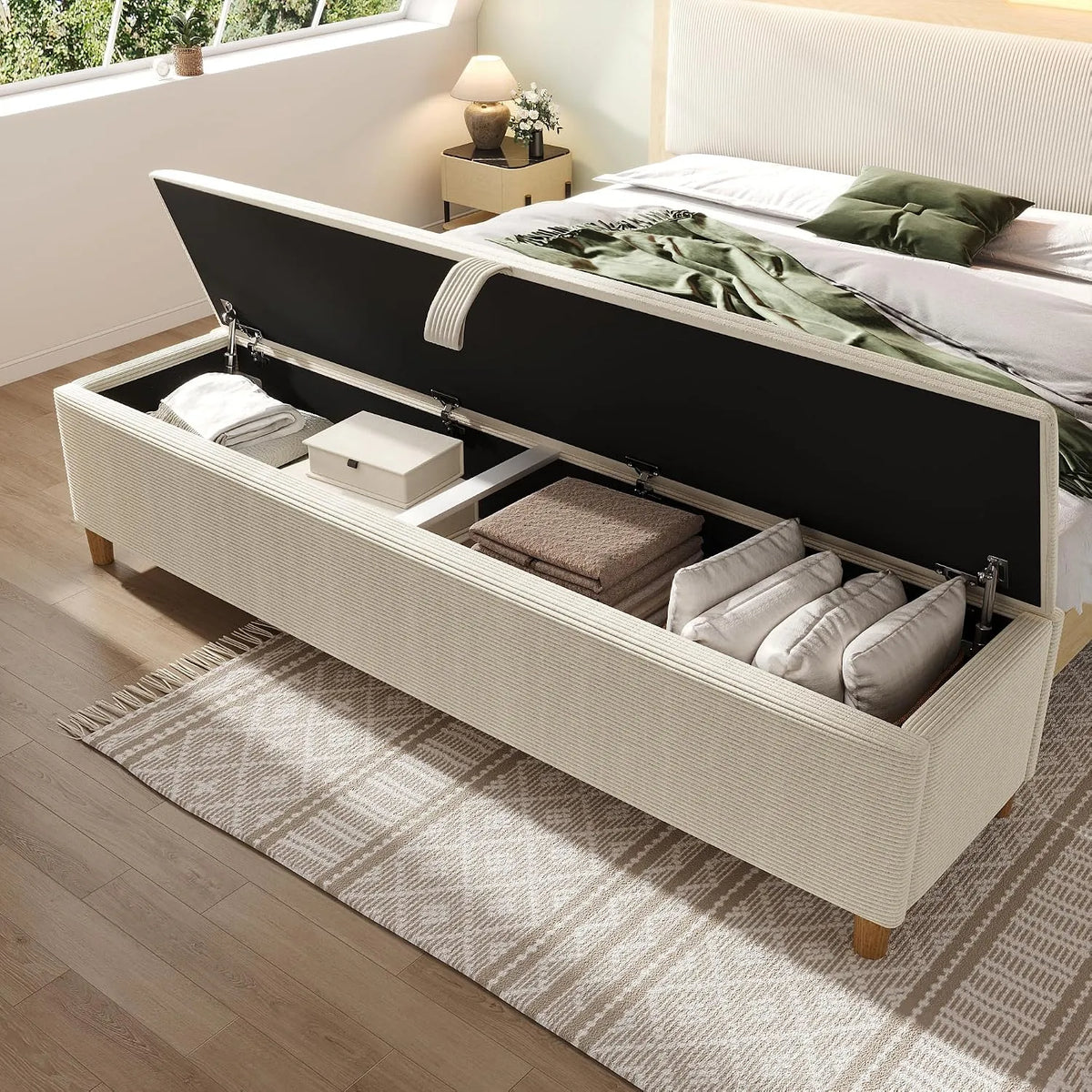 Banc et banquette d'intérieur: MDF, en velours côtelé, en bois, avec rangement, 145 × 38 × 46 cm, beige, avec rangement intégré, en bois massif