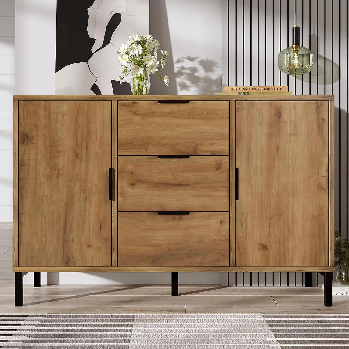Buffet et meuble de rangement: en bois, avec rangement, avec tiroirs, avec étagères, 2 Portes, 3 tiroirs, 120 × 40 × 76 cm, réglable