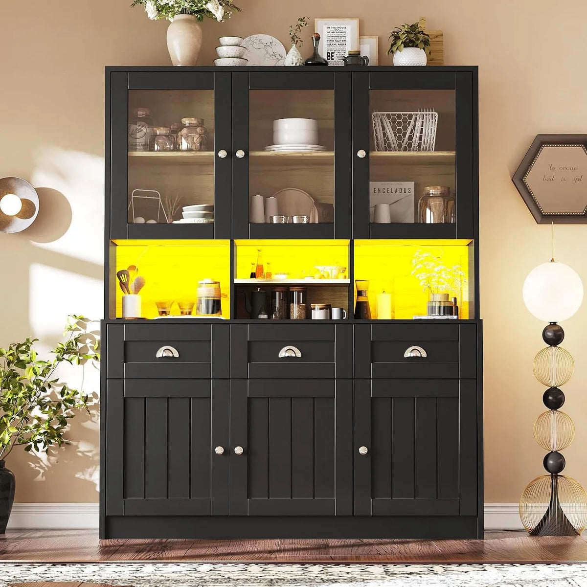 Vitrine et armoire d'exposition: avec rangement, avec tiroirs, 6 Portes, 3 Tiroirs, 140 × 40 × 175cm, noir