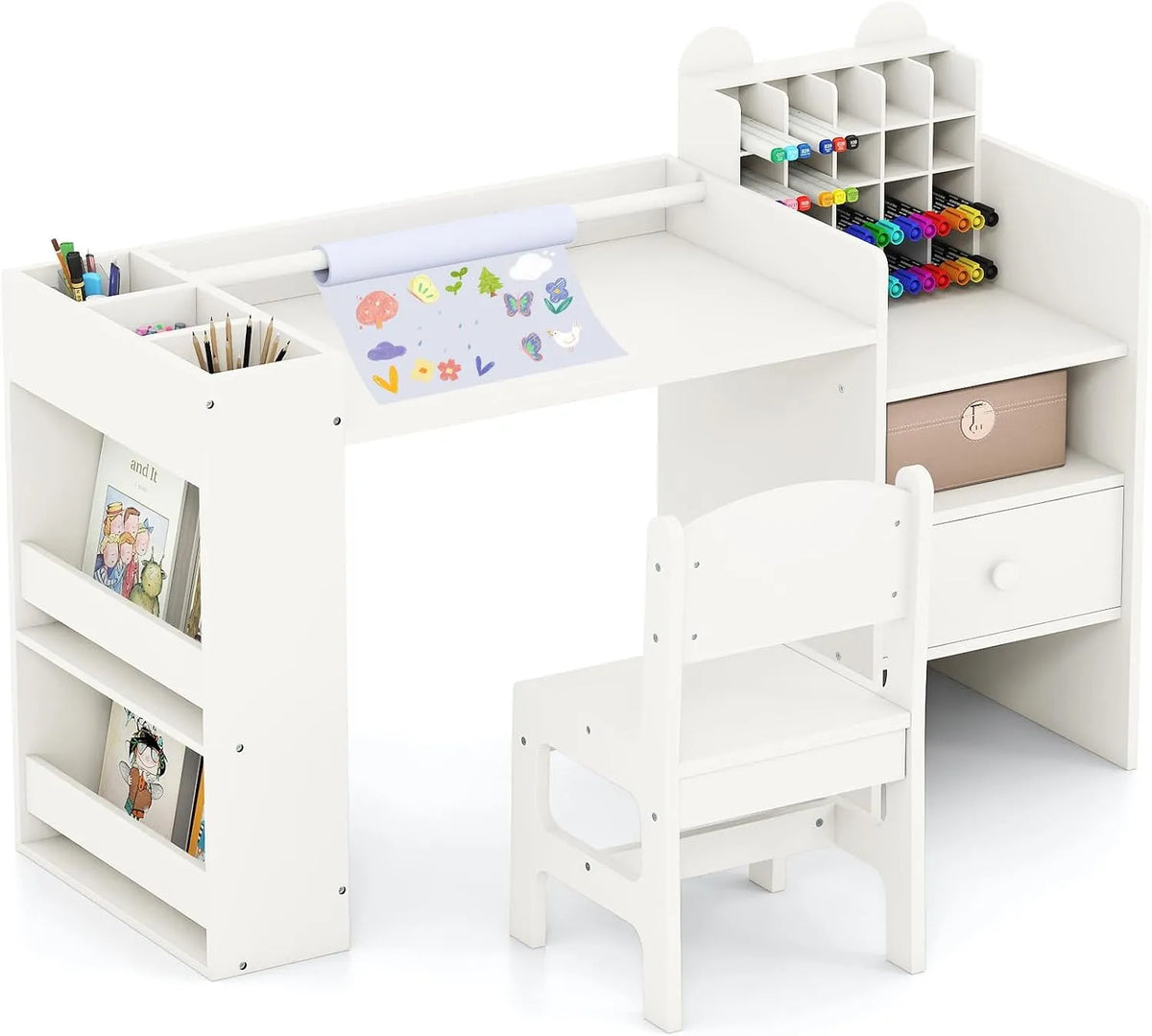 COSTWAY Bureau et table informatique – pour enfant, avec tiroirs, 75kg, blanc