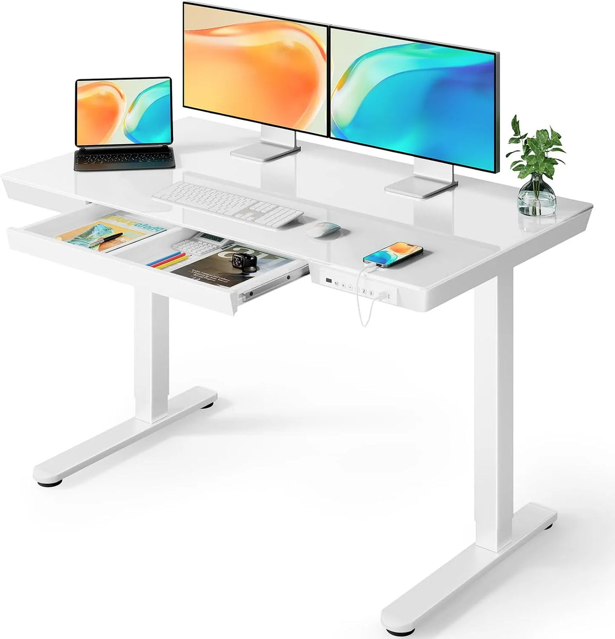 Bureau et table informatique – en verre, avec rangement, avec tiroirs, réglable, 120 × 60 cm, 3 M, hauteur réglable