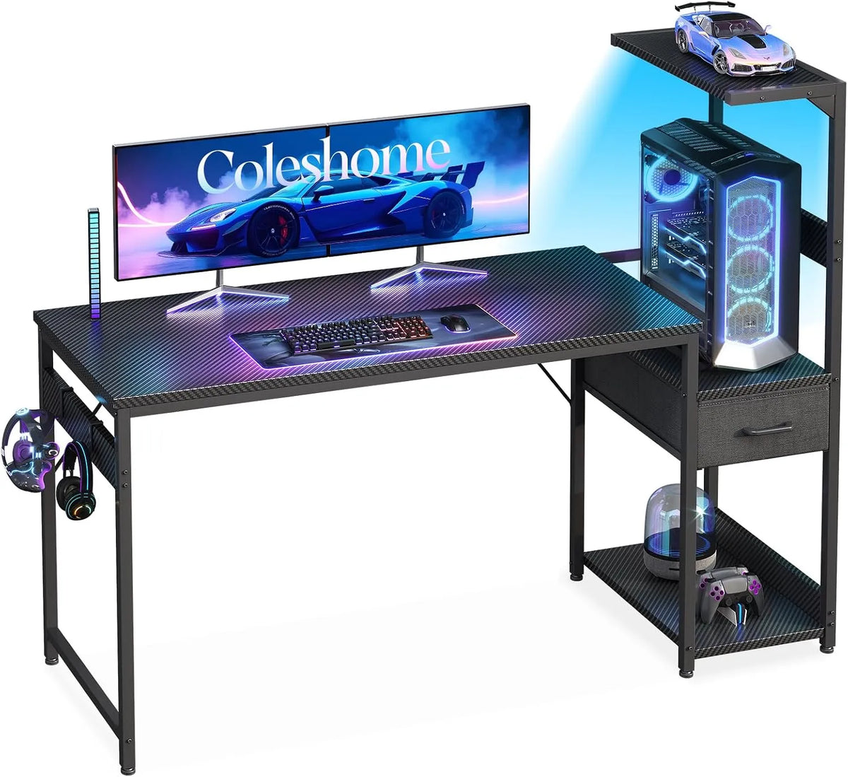 Bureau — réversible, avec rangement, avec tiroirs, avec Bibliothèque et étagère de rangements, 137×48 cm, noir, avec étagères, avec éclairage LED