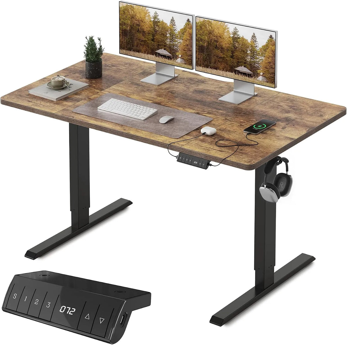 Bureau et table informatique — Marron, avec port USB, réglable, 140 × 70 cm, hauteur réglable