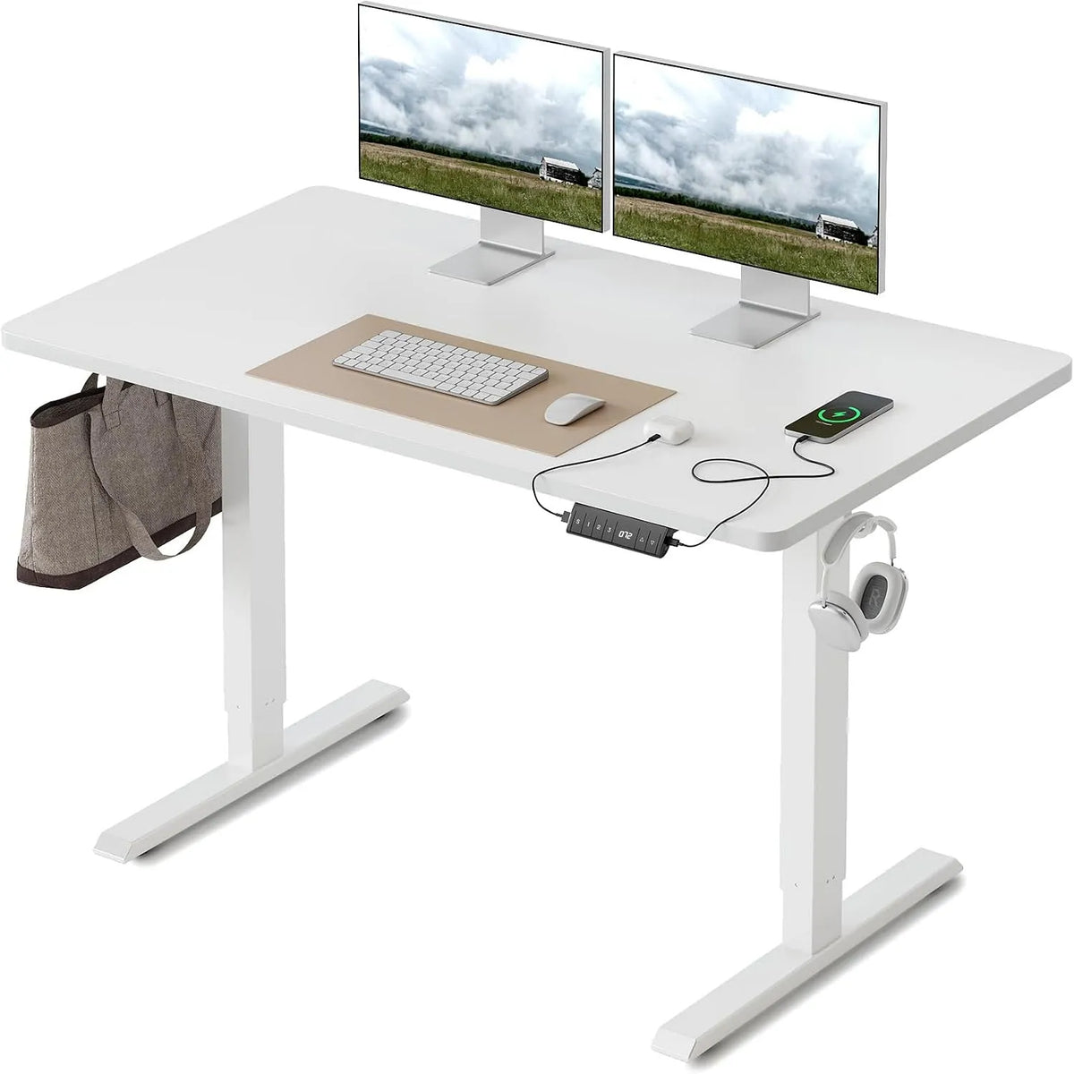 Bureau et table informatique – USB-A, avec port USB, réglable, 100 × 60 cm, blanc, hauteur réglable