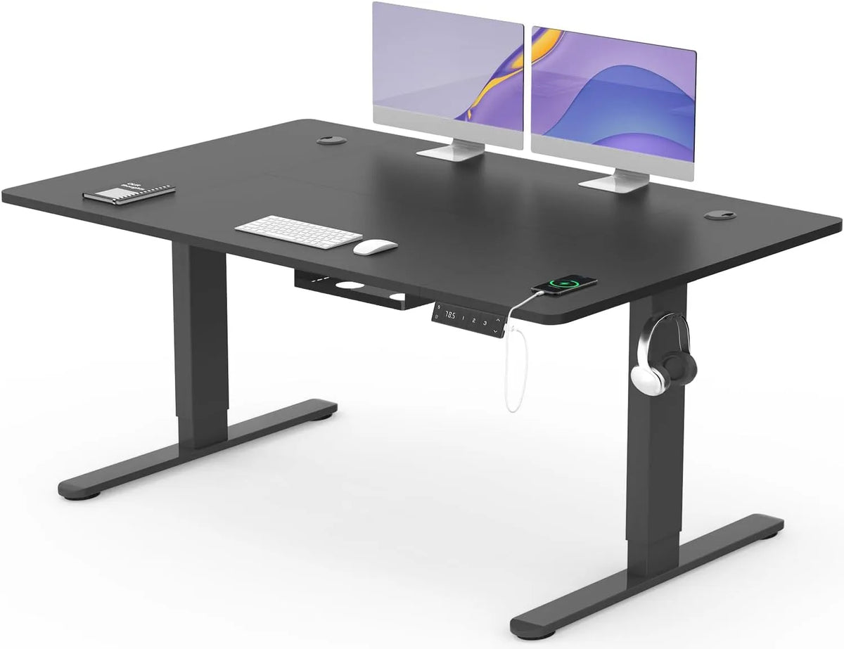 Bureau et table informatique – avec port USB, réglable, 140×80cm, noir, hauteur réglable