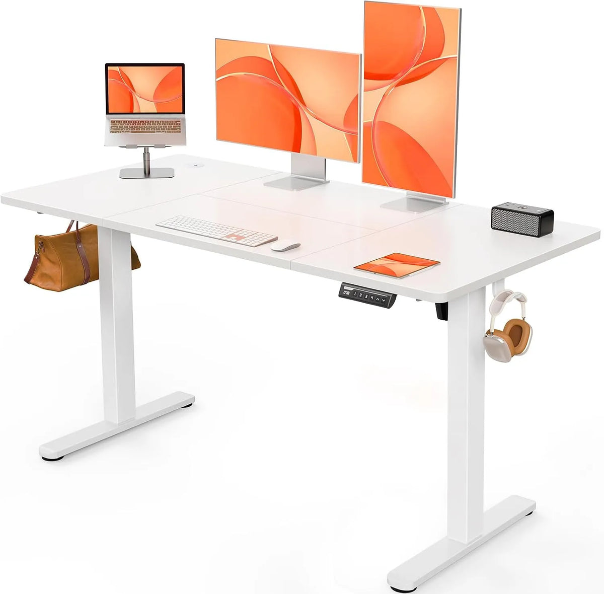 Bureau et table informatique – réglable, 140 × 70 cm, 4 M, blanc, hauteur réglable