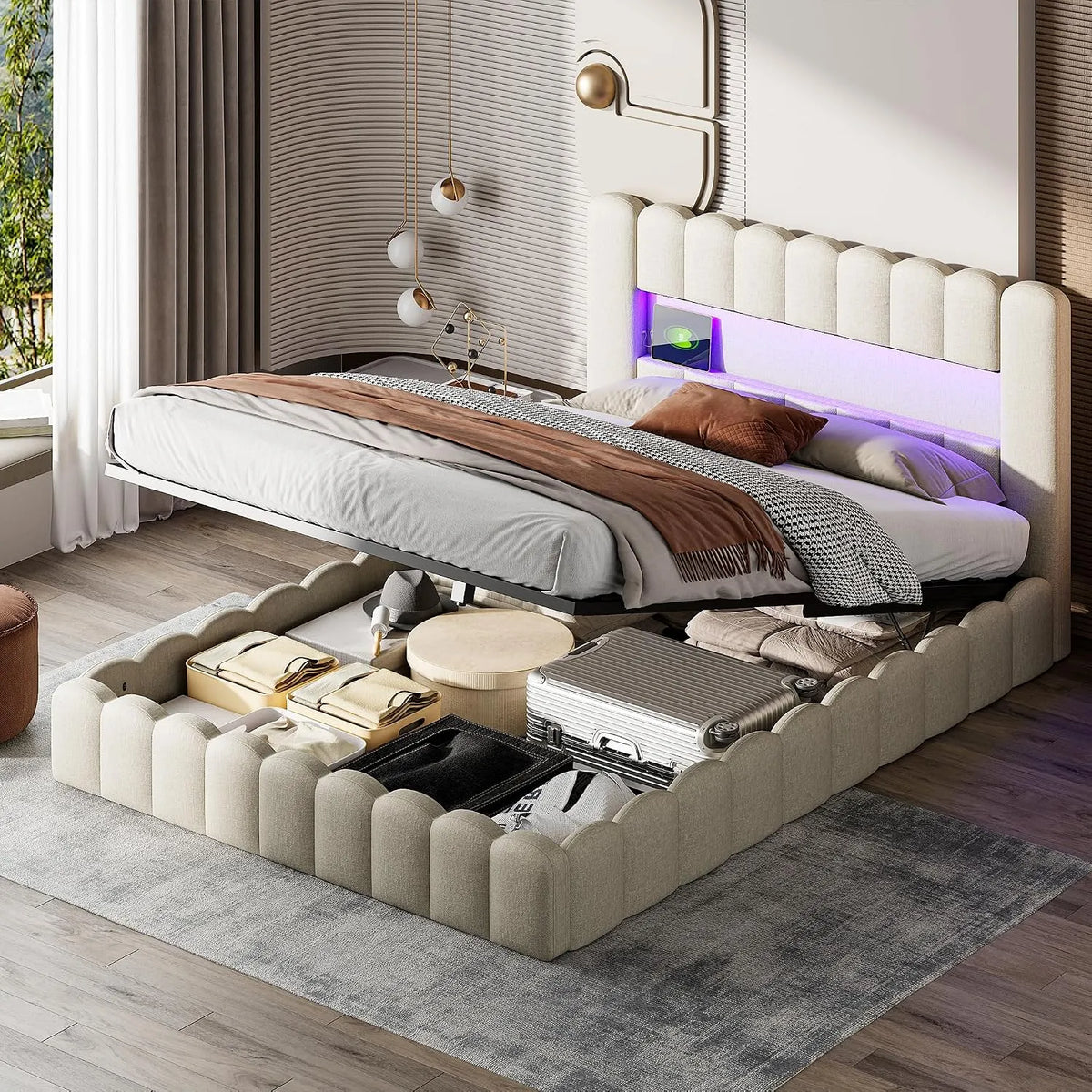 Lit Coffre 180x200 avec Sommier à Lattes et Rangement — avec rangement, avec port USB, affichage LED, 2 Place, 180 × 200, beige, 2 places