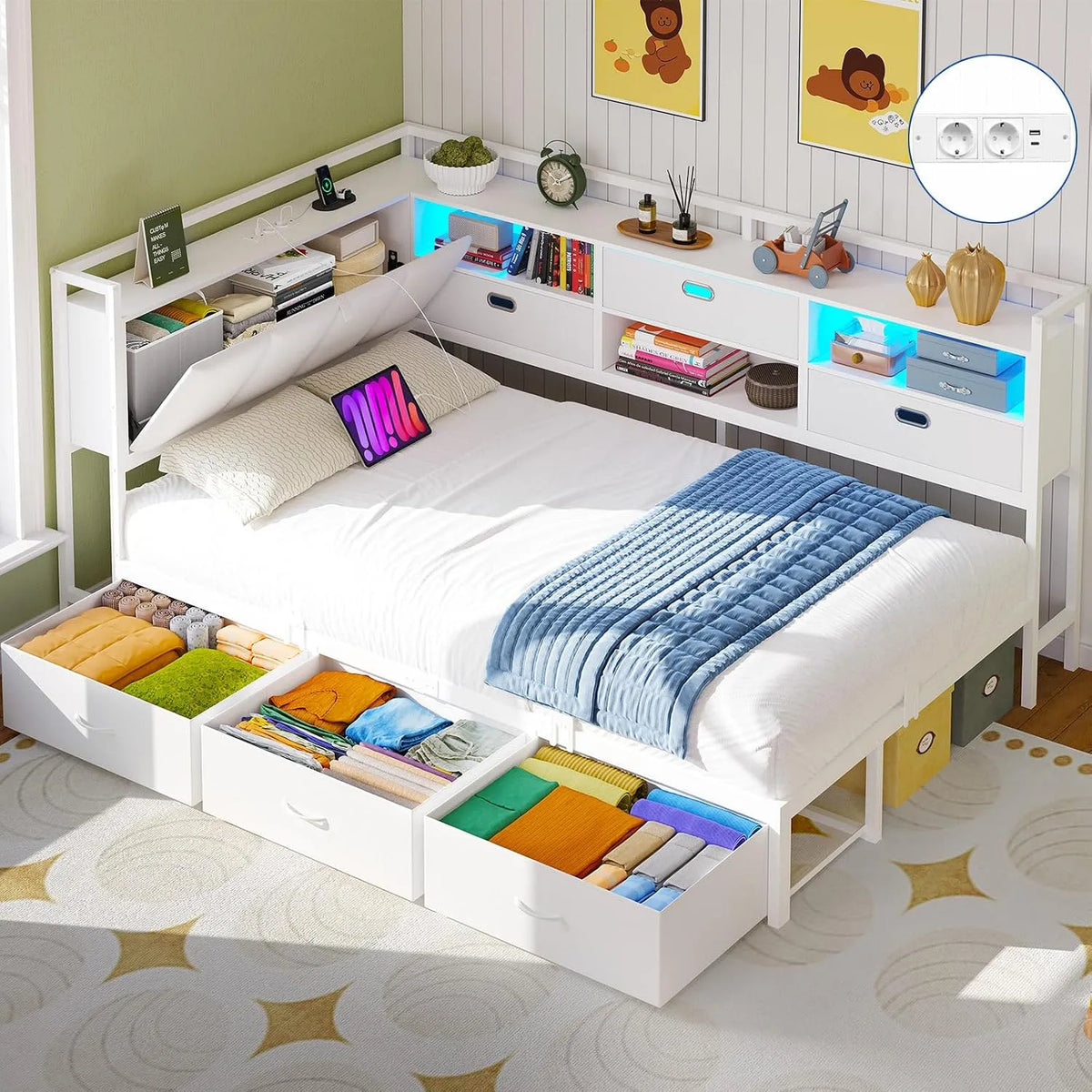 Canapé convertible et canapé-lit – pour enfant, avec rangement, avec tiroirs, avec port USB, 6 Tiroirs, 90 × 190 cm, blanc, avec éclairage LED