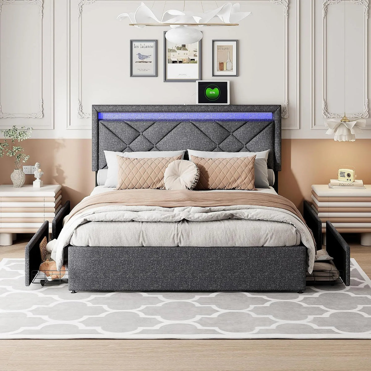 Lit double rembourré: avec rangement, avec tiroirs, avec port USB, réglable, 4 tiroirs, 140 × 200 cm, gris, hauteur réglable, avec éclairage LED