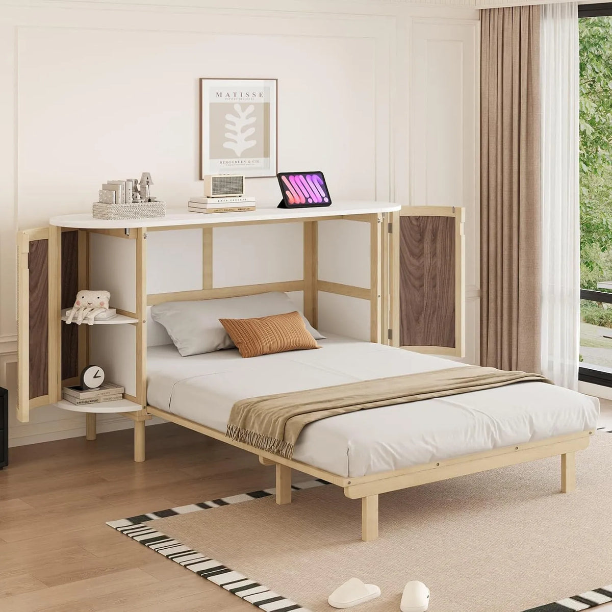 Lit Escamotable 140x200cm – montage mural, en bois, avec rangement, 140 × 200cm, revêtement en tissu, en résine tressée