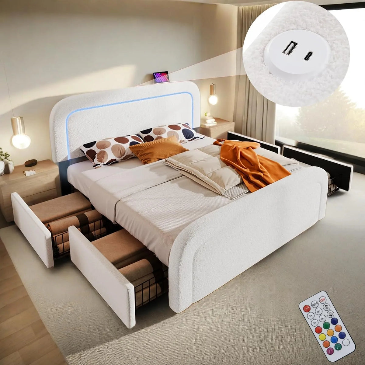 Lit 160x200 avec sommier et USB et LED — en bois, avec rangement, avec tiroirs, avec port USB, 160 × 200, blanc