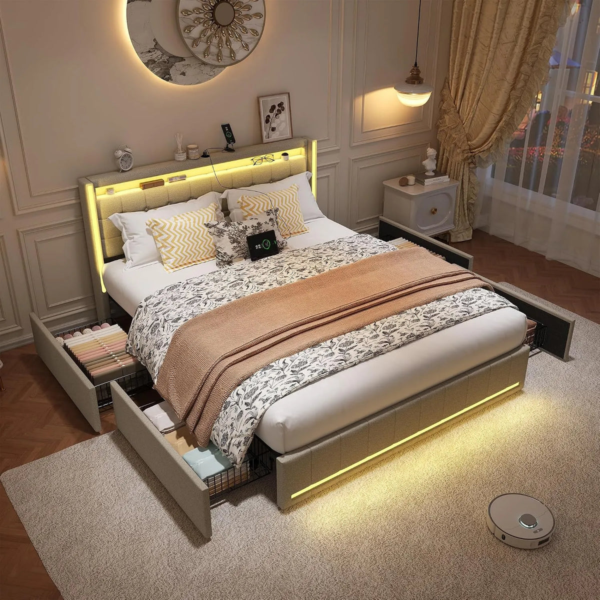 Lit rembourré et cadre de lit tapissé: avec rangement, avec tiroirs, avec port USB, affichage LED, 4 Tiroirs, 140 × 190 cm, beige