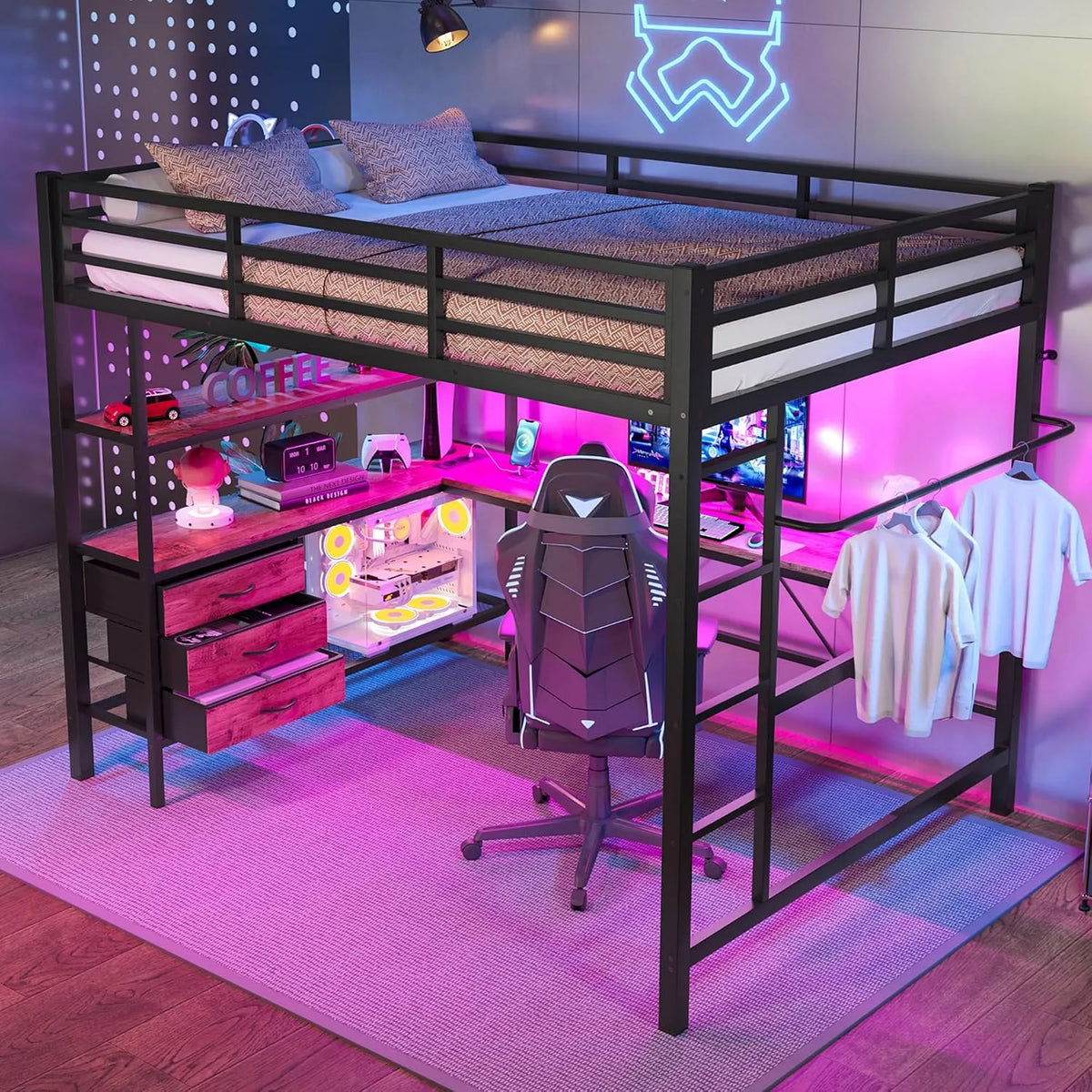 Lit superposé et lit mezzanine – pour enfant, avec tiroirs, avec tringle, avec étagères, 1 Place, 3 tiroirs, 140 × 200, avec éclairage LED