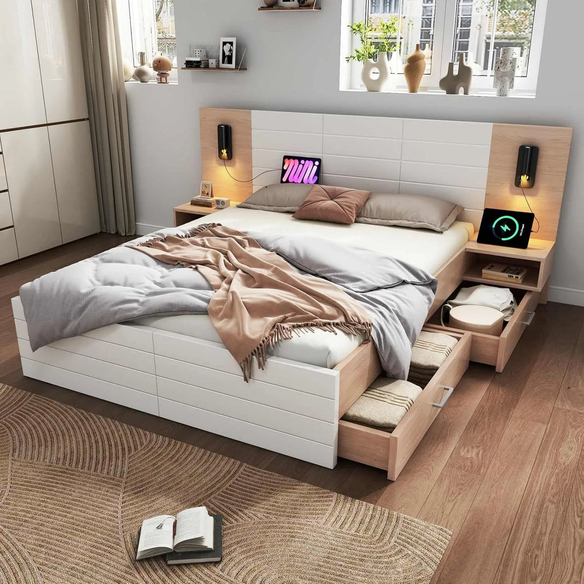 Lit Moderne en Bois avec Port de Charge USB et: avec tiroirs, avec port USB, 2 tiroirs, 2, 180 × 200cm, blanc, revêtement en tissu