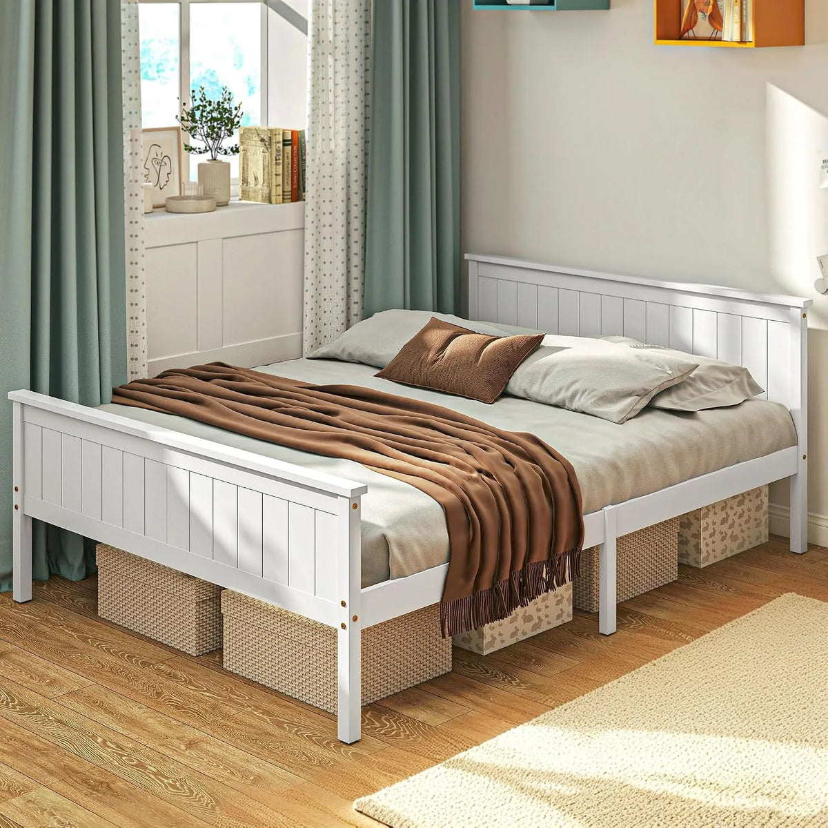 HOMCOM Cadre de lit et structure de lit 140 x 200 cm – en bois, avec rangement, 140 × 200 cm, 29 cm, blanc, en bois massif