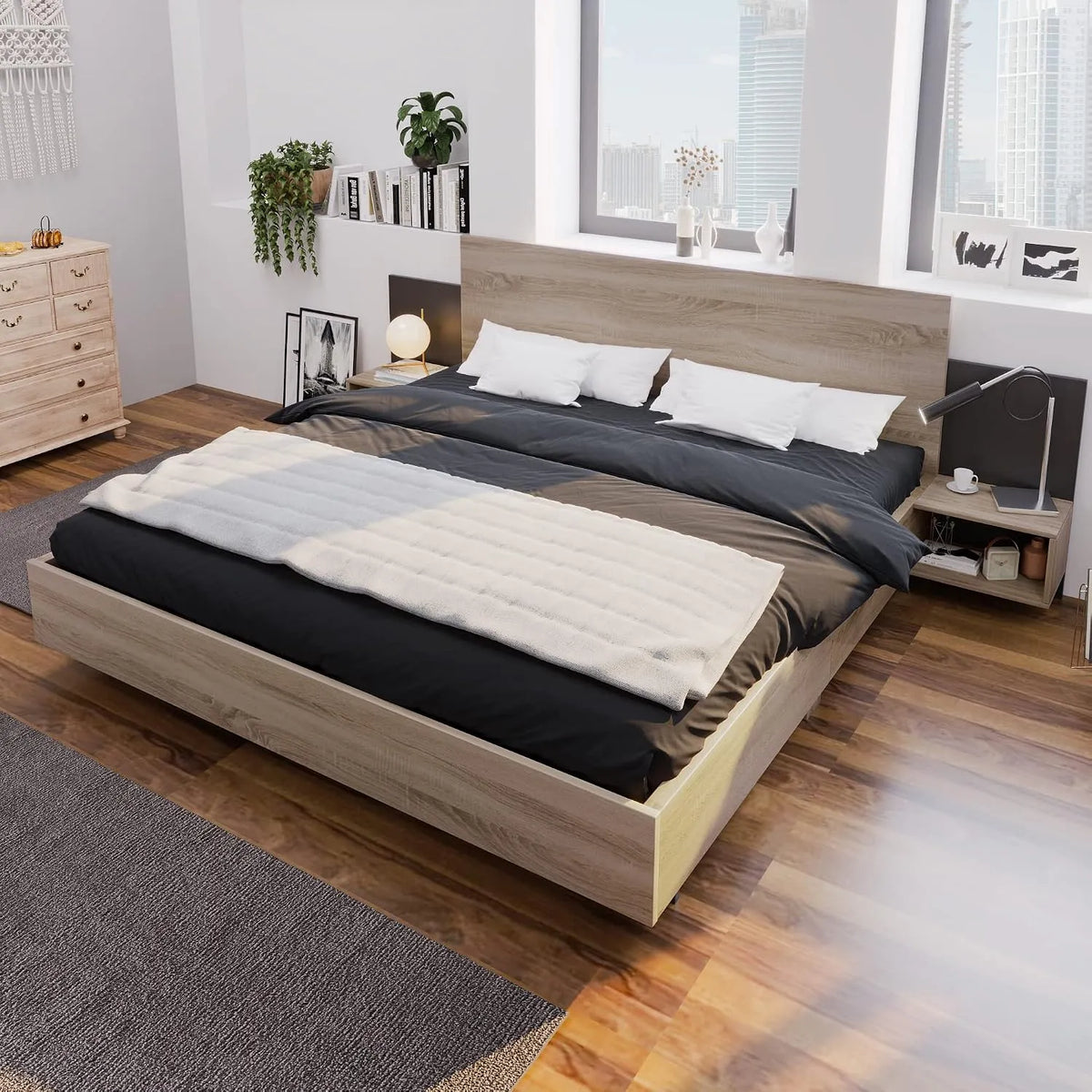 Lit double en bois 160 x 200 cm avec 2 – 160 × 200 cm, 205, 5 × 235 × 76, 5 cm, gris