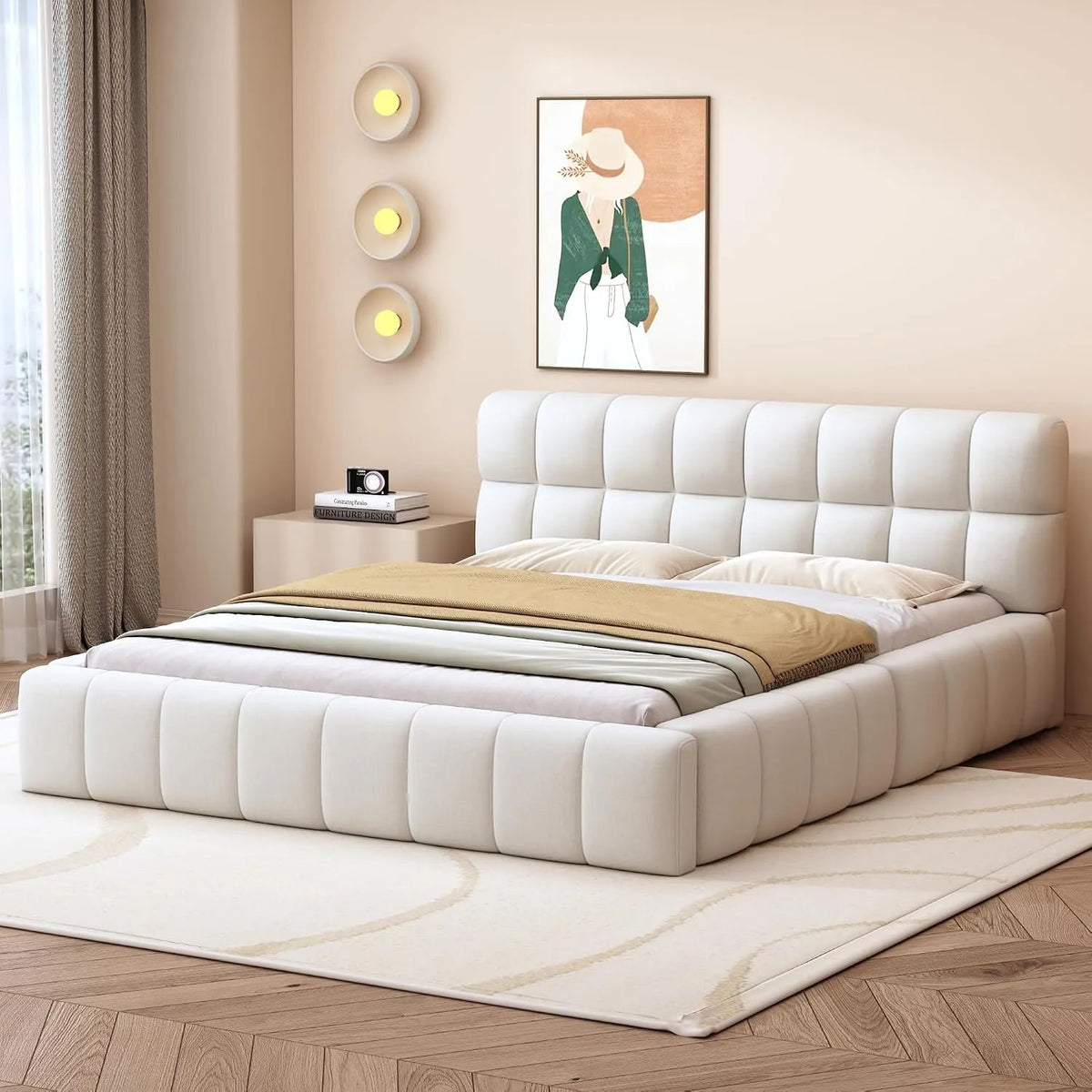 Lit rembourré et cadre de lit tapissé: avec dossier, 140 × 200 cm, beige, revêtement en tissu