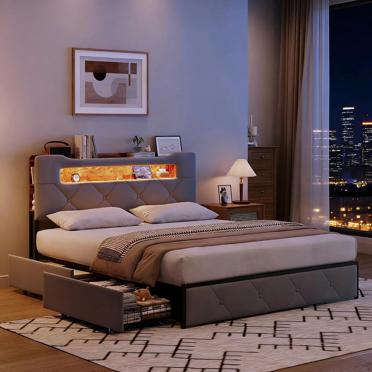 Lit 140x190 avec Rangement et Sommier: avec tiroirs, avec port USB, affichage LED, 140 × 190, gris, revêtement en velours