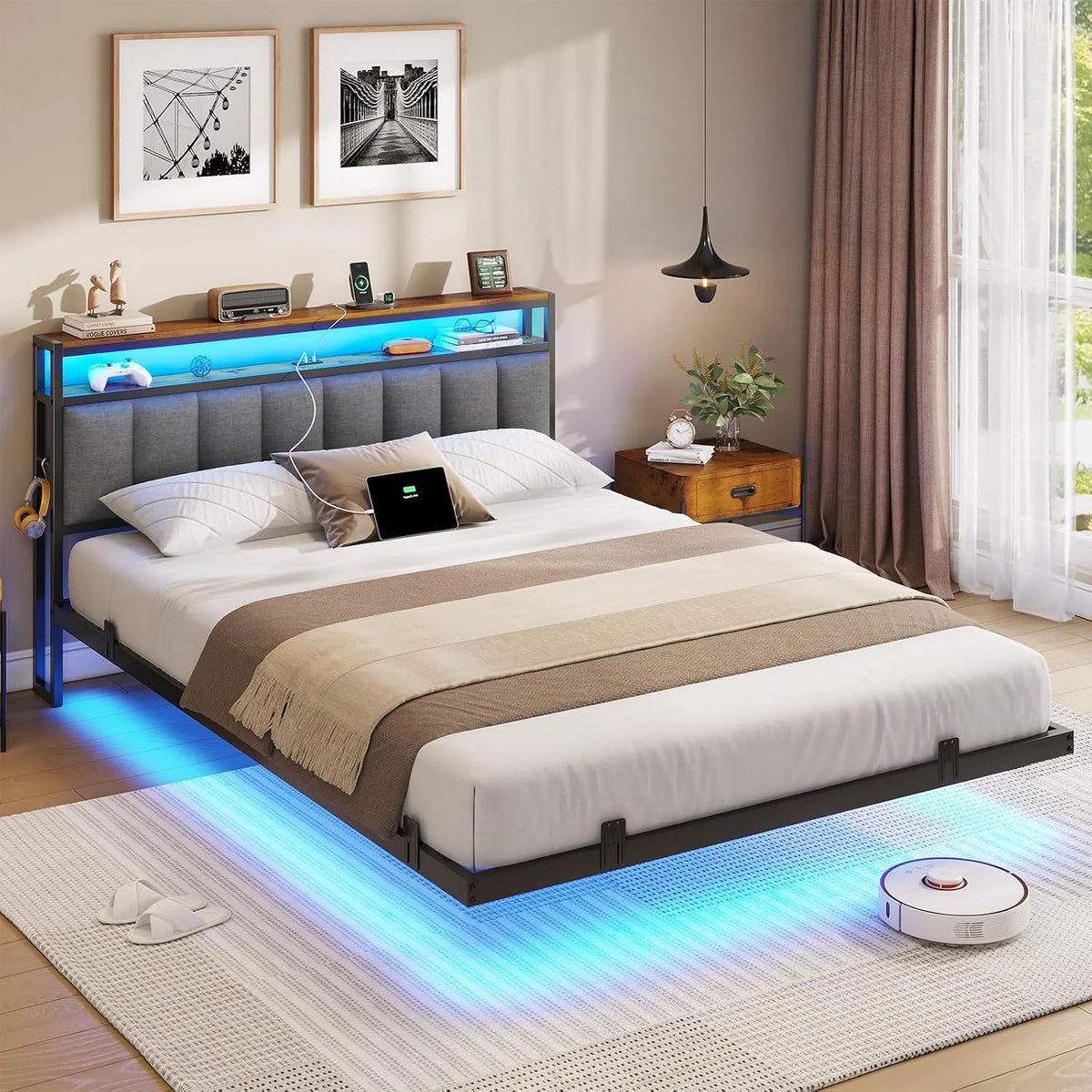 Cadre de lit et structure de lit 160x200 avec Multiprise et Éclairage LED: en métal, avec rangement, affichage LED, 160 × 200, gris