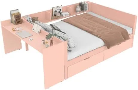 Bureau — en bois, avec tiroirs, avec Bibliothèque et étagère de rangements, avec bureau, 2 tiroirs, 140 × 200cm, rose, avec étagères