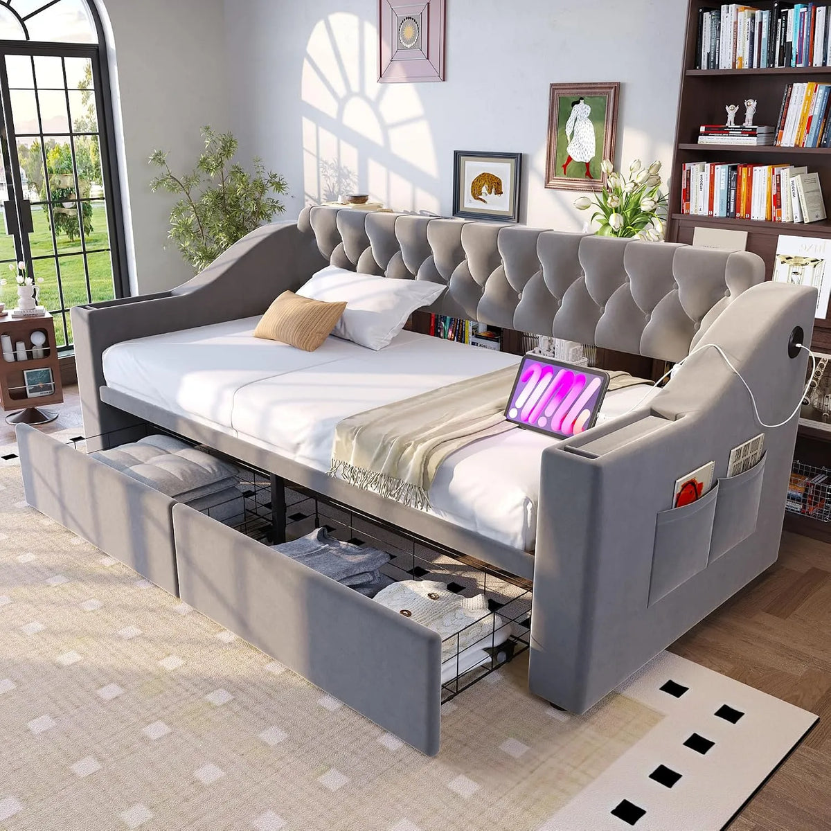 Canapé convertible et canapé-lit: avec rangement, avec tiroirs, avec accoudoirs, avec port USB, 90 × 190 cm, gris, revêtement en velours